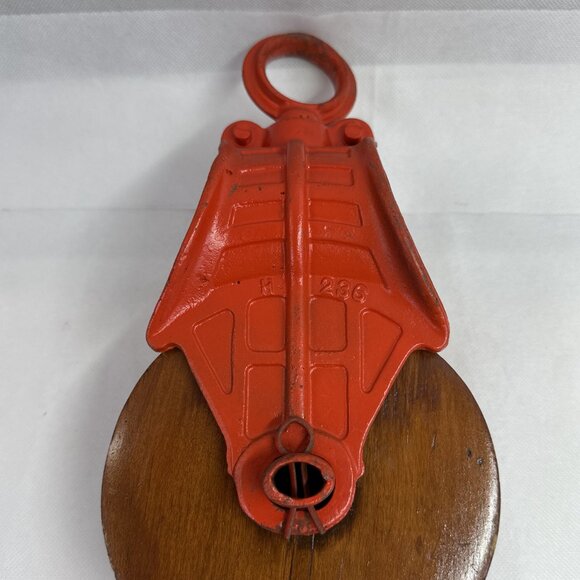 Antique Vintage Myers Cast Iron & Wood Barn Pulley - Orange Pulley Myers H 236 - Picture 2 of 7